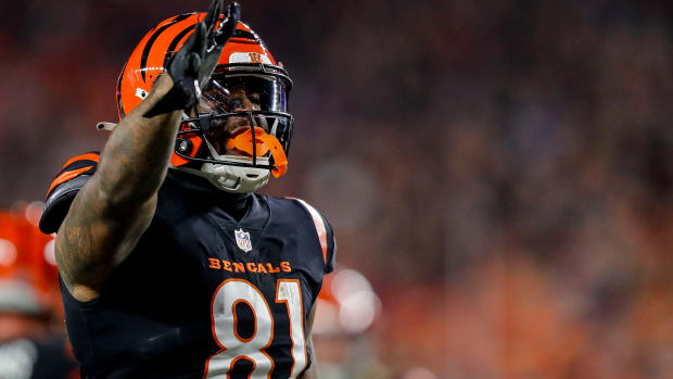 Nov 5, 2023; Cincinnati, Ohio, USA; Cincinnati Bengals tight end Irv Smith Jr. (81) reacts after advancing the ball against the Buffalo Bills in the first half at Paycor Stadium. Mandatory Credit: Katie Stratman-USA TODAY Sports  